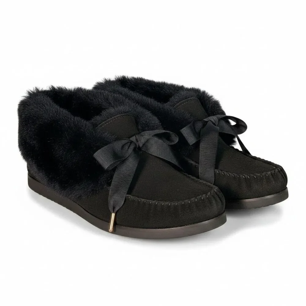 Tory Burch Aberdeen Slipper Moccasin Ankle Women 9 Leather Suede Shearling Black